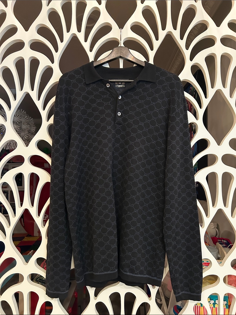 Gucci Black Tonal GG Jacquard Long-Sleeve Polo